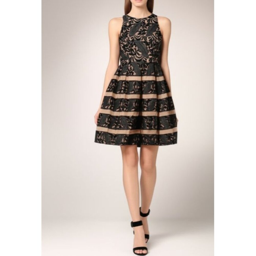 Aidan Mattox Black & Gold Lace Fit & Flare Sheer Tiered Dress Size 8